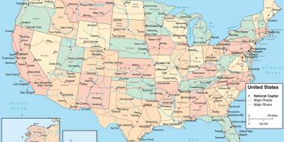 Map of USA with States and cities