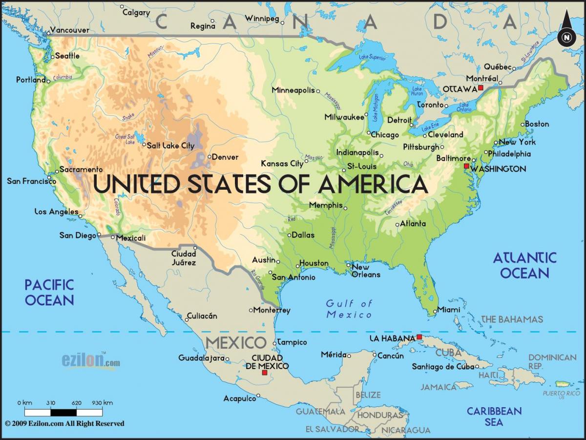 map of USA with oceans