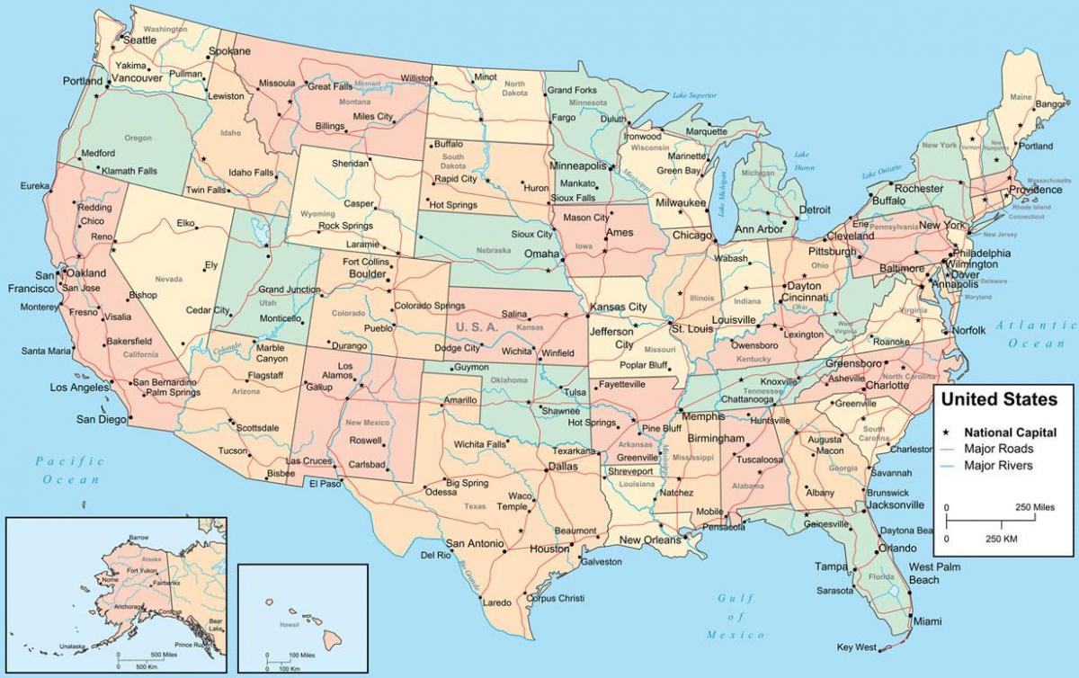 map of USA with States and cities